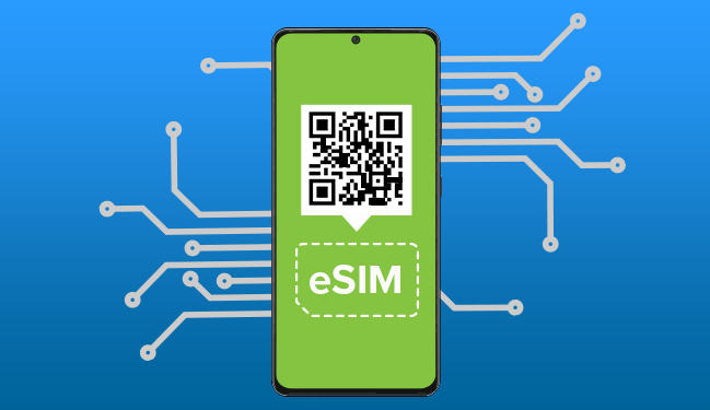 Erhvervsabonnementer til virksomheder Erhvervsabonnementer til virksomheder illustration af mobiltelefon med eSIM og QR kode på blå baggrund