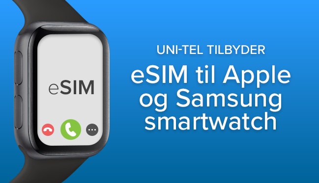 Telefonabonnement til firma vist med eSIM til Apple og Samsung smartwatch på blå baggrund