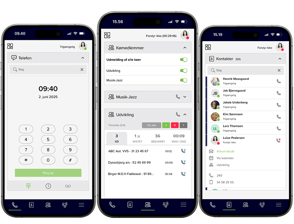 Moderne telefonanlæg med mobil app til køer og kontakter