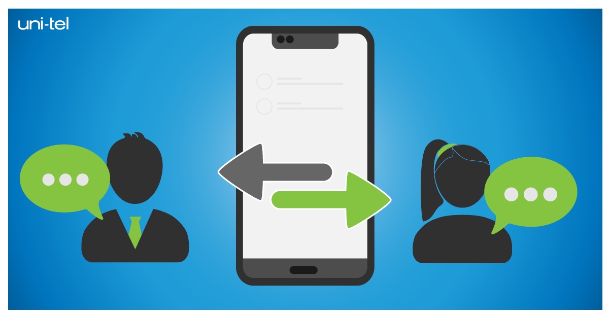 Illustration af telefonsystem og omstillingsbord på mobil mellem kunde og medarbejder