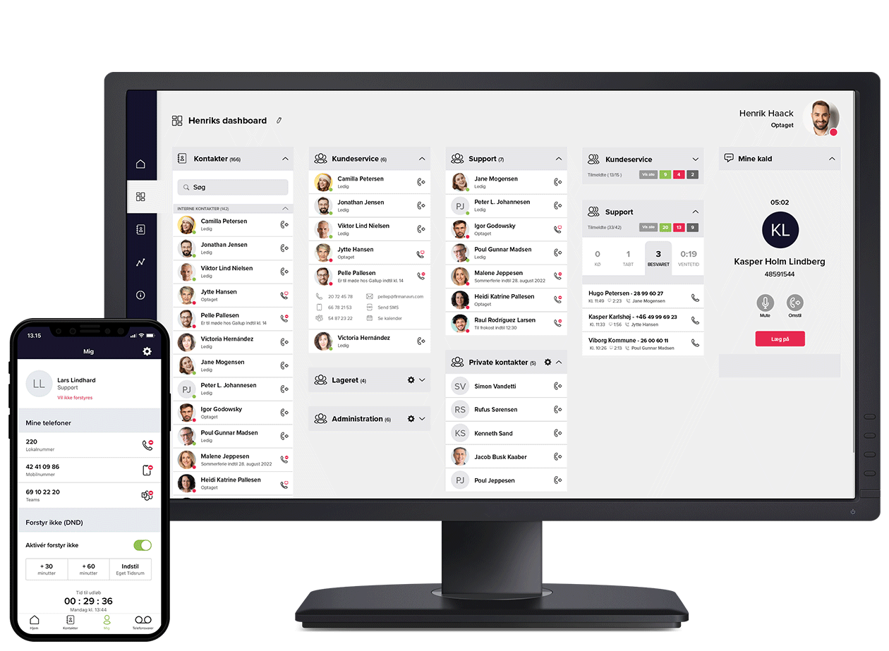 Uni-tels telefoniplatform vist på computerskærm og smartphone med nem og hurtig nummerflytning